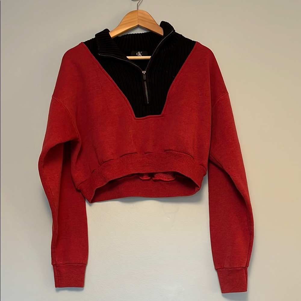 Calvin Klein Red and Black Cropped Hoodie